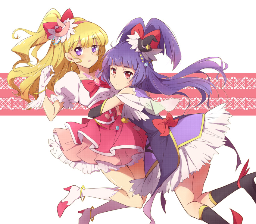 2girls :o anklet asahina_mirai blonde_hair boots bracelet cure_magical cure_miracle gloves hat heart highres hug izayoi_liko jewelry long_hair looking_at_viewer magical_girl mahou_girls_precure! mini_hat mini_witch_hat multiple_girls precure purple_hair red_eyes star touming_renjian violet_eyes white_gloves witch_hat