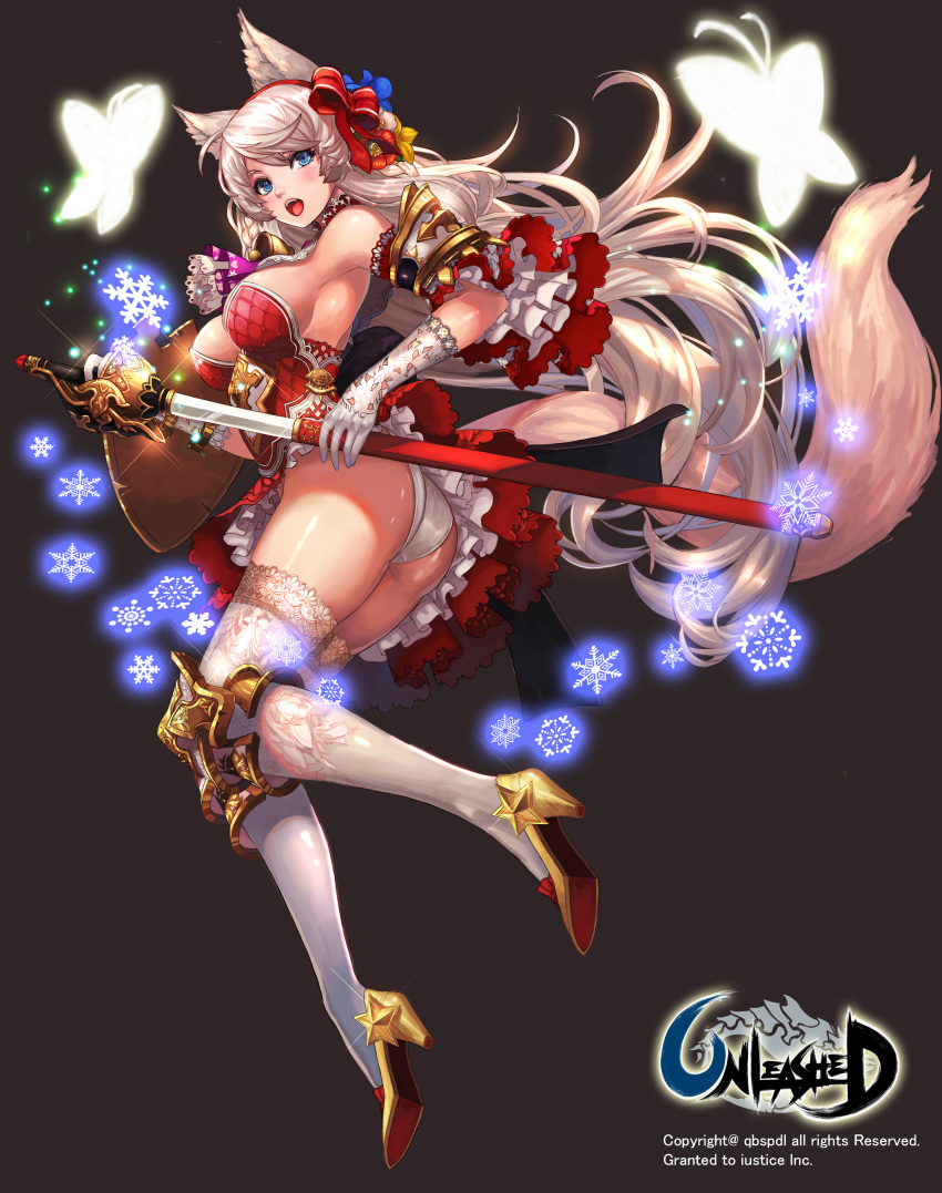 1girl absurdres ass bare_shoulders blue_eyes breasts cravat detached_collar dress flower frilled_dress frills full_body hair_flower hair_ornament hair_ribbon hairband high_heels highres knee_pads large_breasts long_hair open_mouth panties qbspdl red_dress revealing_clothes ribbon sheath silver_hair snowflakes solo sword tail underwear unleashed unsheathing weapon white_legwear white_panties