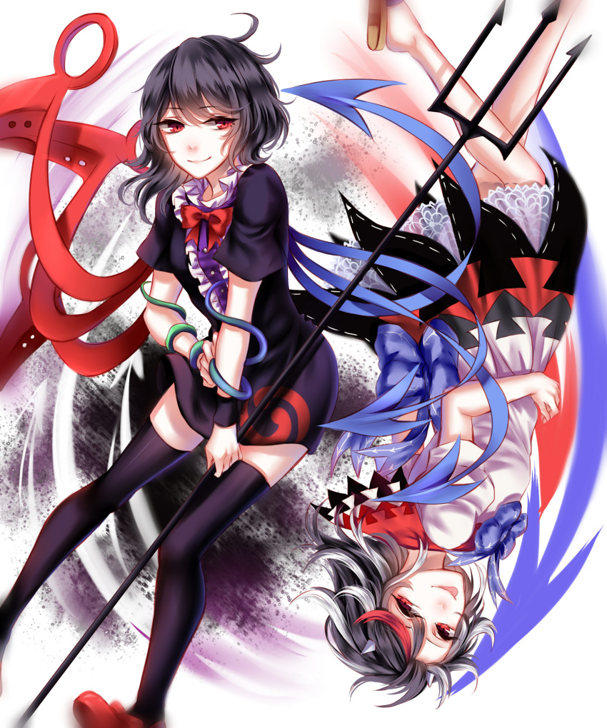 2girls absurdres asymmetrical_hair asymmetrical_wings bangs black_dress black_hair black_legwear bow bracelet dress head_tilt highres horns houjuu_nue jewelry kijin_seija looking_at_viewer looking_to_the_side multicolored_hair multiple_girls polearm red_eyes redhead ribbon-trimmed_dress sheya short_dress short_hair short_sleeves smile snake streaked_hair thigh-highs tongue tongue_out touhou trident upside-down weapon white_dress white_hair wings wristband zettai_ryouiki
