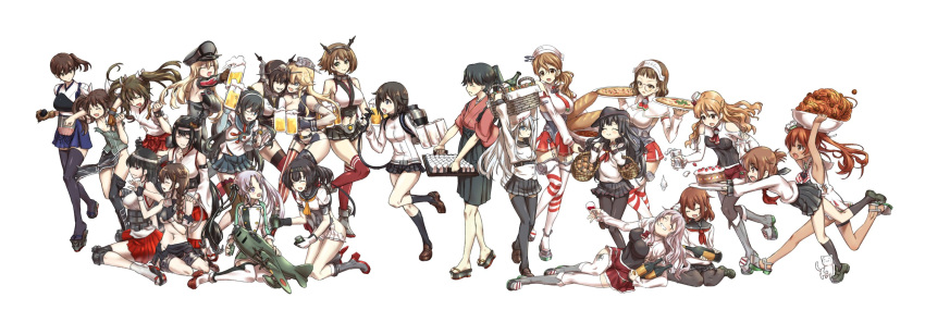 6+girls aircraft airplane akatsuki_(kantai_collection) akitsushima_(kantai_collection) akizuki_(kantai_collection) alcohol basket beer bismarck_(kantai_collection) bottle cake cat drunk fingerless_gloves food fusou_(kantai_collection) gloves hayasui_(kantai_collection) hibiki_(kantai_collection) highres houshou_(kantai_collection) ikazuchi_(kantai_collection) inazuma_(kantai_collection) iowa_(kantai_collection) italia_(kantai_collection) kaga_(kantai_collection) kantai_collection libeccio_(kantai_collection) littorio_(kantai_collection) makishima_azusa multiple_girls mutsu_(kantai_collection) nagato_(kantai_collection) ooyodo_(kantai_collection) pasta pizza pola_(kantai_collection) remodel_(kantai_collection) roma_(kantai_collection) school_uniform serafuku shigure_(kantai_collection) spaghetti thigh-highs tone_(kantai_collection) tray tripping verniy_(kantai_collection) yamashiro_(kantai_collection) zara_(kantai_collection) zuikaku_(kantai_collection)