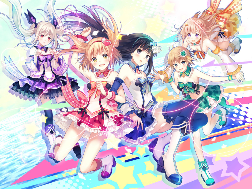 5girls bare_shoulders black_hair blush boots compile_heart elbow_gloves fukahire_sanba gloves hair_ornament knee_boots long_hair looking_at_viewer midriff multiple_girls omega_quintet open_mouth pleated_skirt red_eyes ribbon short_hair skirt smile thigh-highs twintails violet_eyes wide_sleeves wristband yellow_eyes zettai_ryouiki