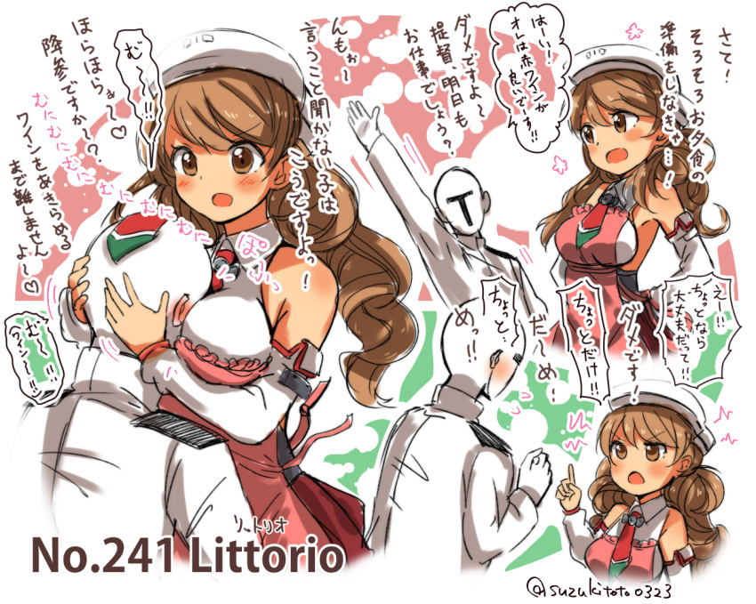 1boy 1girl admiral_(kantai_collection) apron arm_up armpits artist_name bare_shoulders beret between_fingers breasts brown_eyes brown_hair character_name chestnut_mouth commentary_request detached_sleeves hat head_on_chest hug index_finger_raised kantai_collection large_breasts littorio_(kantai_collection) long_sleeves motion_lines necktie number pointing red_necktie suzuki_toto translated twitter_username white_hat wide_sleeves