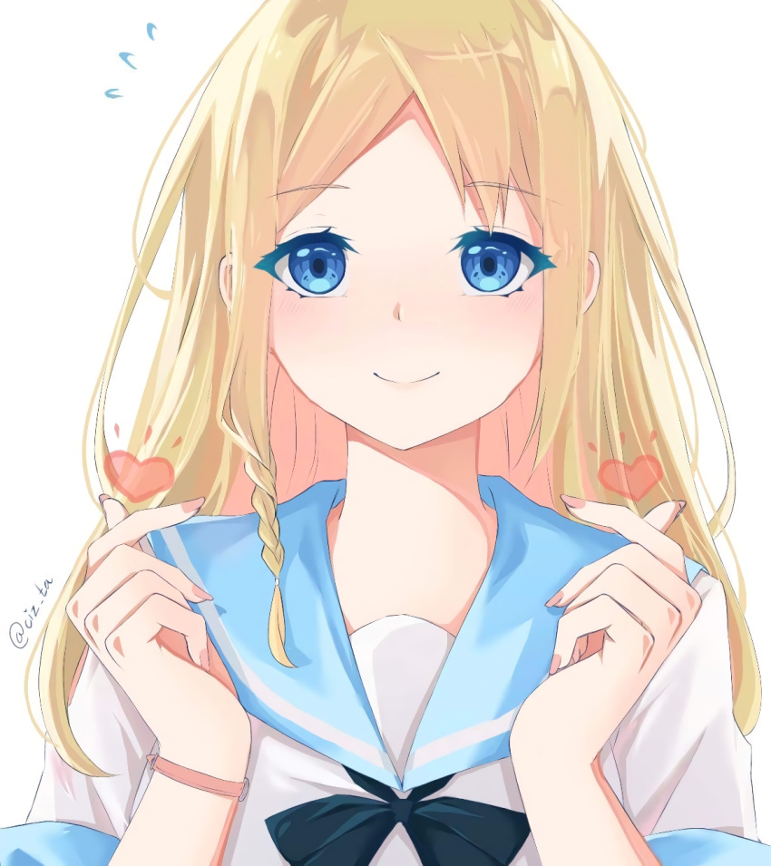 1girl blonde_hair blue_eyes cricriz fingernails flying_sweatdrops hands_up hayasaka_ai haysaca_a._smithee heart highres kaguya-sama_wa_kokurasetai_~tensai-tachi_no_renai_zunousen~ long_hair looking_at_viewer low_braid nail_polish parted_hair pink_nails school_uniform serafuku single_braided_lock smile solo twitter_username upper_body watch watch