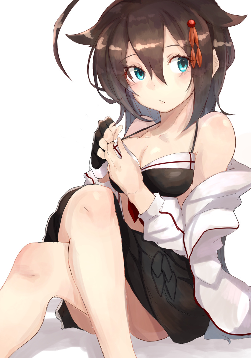 1girl absurdres ahoge bare_legs bikini bikini_skirt black_bikini black_gloves black_skirt blue_eyes braid breasts brown_hair cleavage crossed_legs fingerless_gloves gloves hair_flaps hair_ornament hand_on_own_chest highres jacket kantai_collection off_shoulder open_clothes open_jacket pleated_skirt ranf remodel_(kantai_collection) shigure_(kantai_collection) single_braid single_glove skirt solo swimsuit