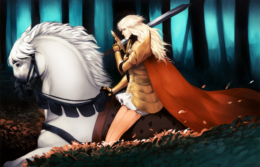 1girl armor armored_dress blonde_hair boots cape faulds forest from_side gauntlets horse horseback_riding nature original randgris reins riding solo sword thigh-highs thigh_boots weapon