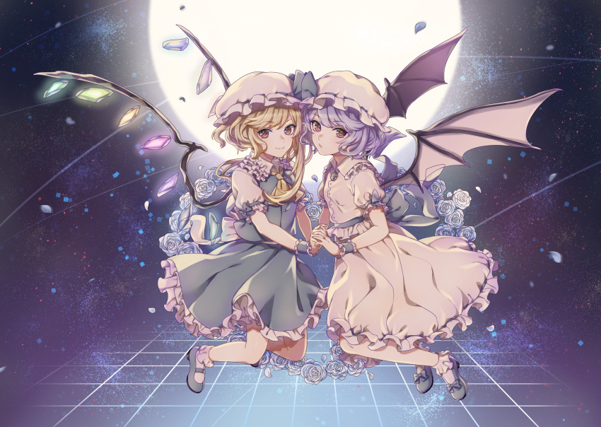 2girls absurdres backlighting bat_wings blue_rose commentary_request crystal flandre_scarlet flower frilled_shirt_collar frilled_skirt frills full_body full_moon grey_ribbon grey_shoes hat hat_ribbon highres holding_hands interlocked_fingers looking_at_viewer mary_janes mob_cap moon multiple_girls nekushiro puffy_short_sleeves puffy_sleeves remilia_scarlet ribbon rose sash shoes short_sleeves siblings sisters skirt skirt_set smile touhou wings wrist_cuffs