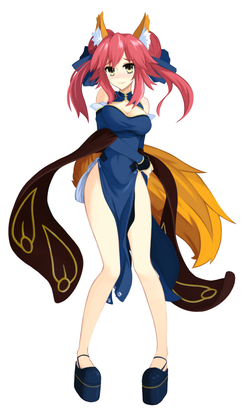 1girl absurdres alternate_costume animal_ears bare_legs bare_shoulders blue_dress breasts caster_(fate/extra) china_dress chinese_clothes cleavage cleavage_cutout detached_sleeves dress eyebrows eyebrows_visible_through_hair fate/extra fate/extra_ccc fate_(series) fox_ears fox_tail hair_ribbon highres pelvic_curtain pigeon-toed pink_hair platform_footwear ribbon sai_(bankoru) shawl side_slit sidelocks smile solo tail twintails yellow_eyes