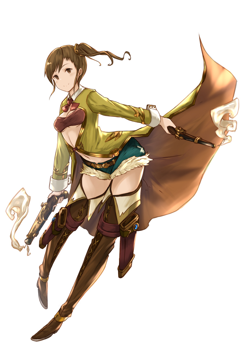 1girl absurdres alternate_costume arm_at_side bangs belt blue_shorts boots breasts brown_boots brown_eyes brown_hair closed_mouth coat cravat cross-laced_footwear cross-laced_legwear dual_wielding eyebrows eyebrows_visible_through_hair full_body fur_trim futami_mami granblue_fantasy gun handgun highres holster idolmaster lace-up_boots legs_apart long_hair long_sleeves looking_at_viewer navel pigeon-toed short_shorts shorts side_ponytail simple_background sleeve_cuffs smile smoke solo standing stomach strapless swept_bangs thigh-highs thigh_boots thigh_holster thigh_strap tubetop under_boob weapon white_background yatsuka_(846)