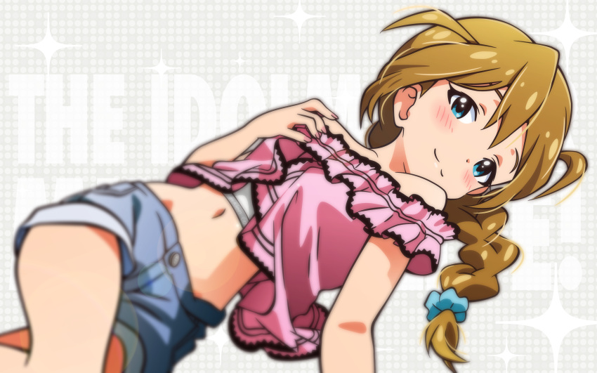 1girl akizuki_ritchan aqua_eyes baba_konomi bare_shoulders blurry blush braid brown_hair depth_of_field highres idolmaster idolmaster_million_live! long_hair navel single_braid smile solo