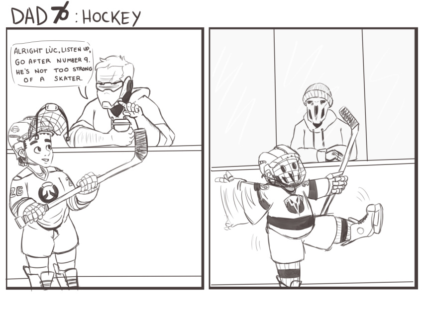 4boys beanie child coffee comic face_mask flailing gloves hat helmet hockey_mask hockey_stick hood hoodie ice_hockey ice_skates ice_skating jersey lucio_(overwatch) mask monochrome multiple_boys overwatch pointing reaper_(overwatch) short_hair skates skating sleeves_rolled_up socks soldier:_76_(overwatch) visor younger