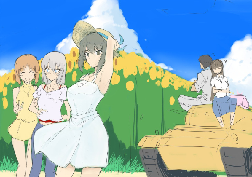 1boy 4girls alternate_costume bangs black_hair blonde_hair blue_eyes blue_sky blunt_bangs blush brown_eyes brown_hair closed_eyes clouds commentary_request dress faceless faceless_male field flower girls_und_panzer ground_vehicle hand_on_another's_arm hand_on_headwear harukon_(halcon) hat heart itsumi_erika jewelry leaning_on_person long_hair looking_at_viewer military military_vehicle motor_vehicle multiple_girls necklace nishizumi_maho nishizumi_miho nishizumi_shiho nishizumi_tsuneo off-shoulder_shirt orange_hair peasant_blouse shirt short_dress short_hair sitting sitting_on_object sketch skirt sky sleeveless sleeveless_dress sleeveless_shirt smile spaghetti_strap strapless strapless_dress sun_hat sundress sunflower tank v yellow_dress