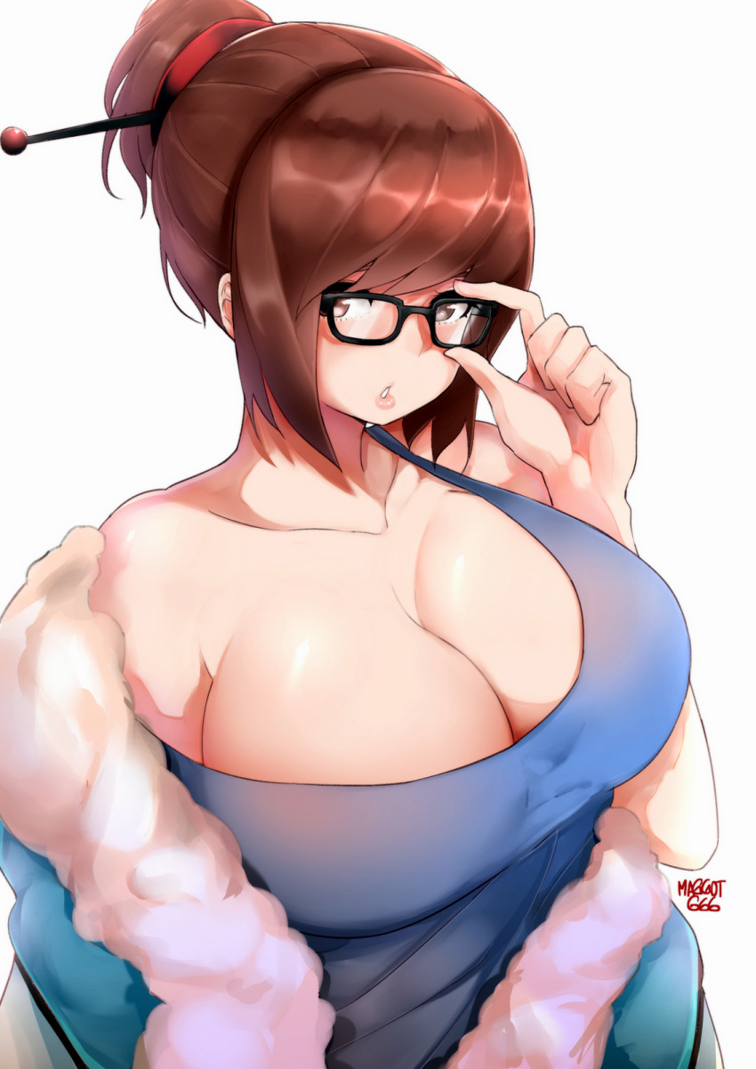 1girl adjusting_glasses bare_shoulders black-framed_glasses breasts brown_eyes brown_hair cleavage glasses highres large_breasts lips mei_(overwatch) norman_maggot overwatch parted_lips short_hair simple_background solo strap_slip tied_hair white_background