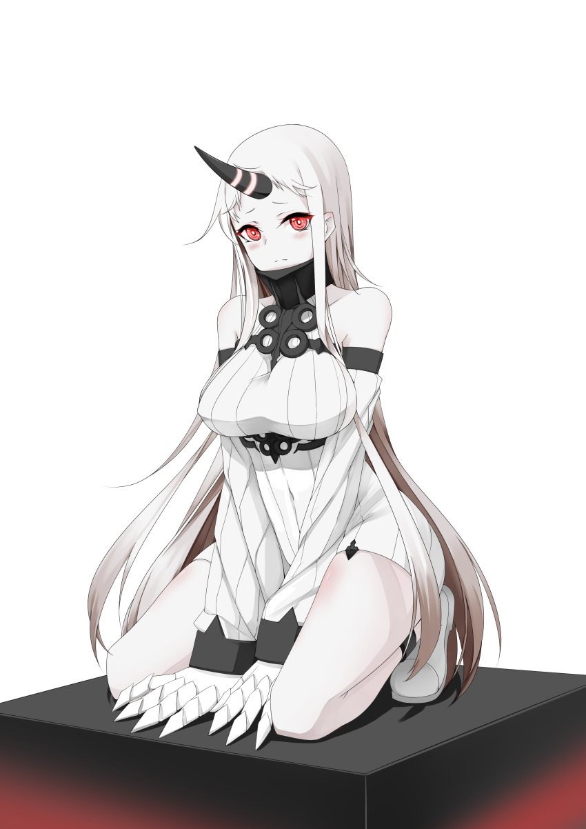 1girl absurdres claws commentary_request detached_sleeves dress gradient_hair highres horn kantai_collection long_hair looking_at_viewer multicolored_hair red_eyes seaport_hime shinkaisei-kan sitting solo very_long_hair wariza white_dress white_hair white_skin yueye_(blbl-y)