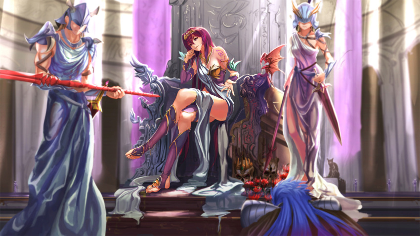 2boys 2girls anklet bare_shoulders barefoot blue_hair crossed_legs fate/grand_order fate/stay_night fate_(series) helmet highres jewelry lance lancer long_hair multiple_boys multiple_girls polearm purple_hair scathach_(fate/grand_order) sitting standing sword tattoo thighs throne toe_ring toeless_socks toes toga tribal_tattoo ushas weapon