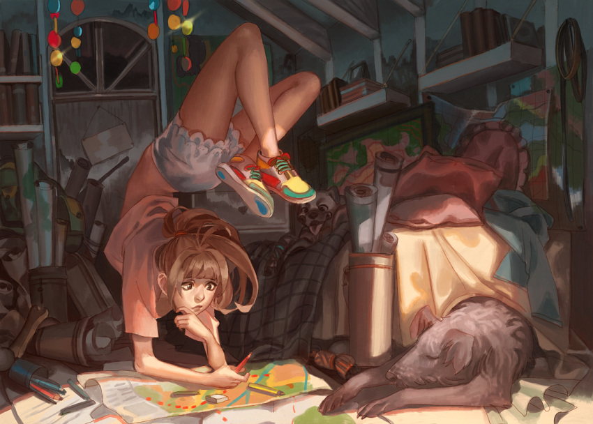 1girl arm_support bed bed_sheet book brown_eyes brown_hair chin_rest closed_mouth crossed_legs cushion dog door holding_pencil indoors original paper pillow pink_shirt ponytail shelf shirt shoes short_sleeves shorts sign sneakers tongue tongue_out viki-vaki window