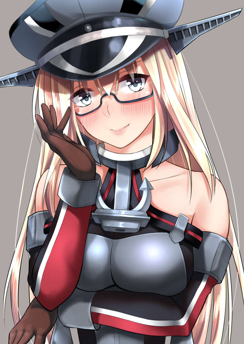1girl absurdres anchor_hair_ornament bare_shoulders bespectacled bismarck_(kantai_collection) blonde_hair breast_hold breastplate breasts brown_gloves detached_sleeves elbow_on_arm elbow_rest glasses gloves go-1 green_eyes hair_ornament hat highres iron_cross kantai_collection long_hair military military_hat military_uniform peaked_cap solo uniform