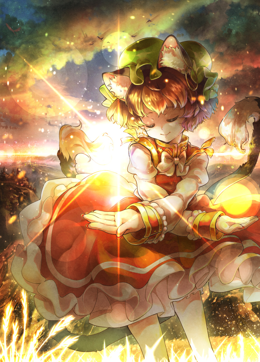 1girl absurdres animal_ears bow brown_hair cat_ears cat_tail chen closed_eyes clouds facing_viewer frilled_skirt frills hat highres im_(badmasa) jewelry lens_flare long_sleeves mob_cap multiple_tails nail_polish nekomata outdoors outstretched_arms palms red_nails red_skirt red_vest short_hair single_earring skirt skirt_set sky sleeve_cuffs smile solo sunlight tail touhou two_tails vest white_bow