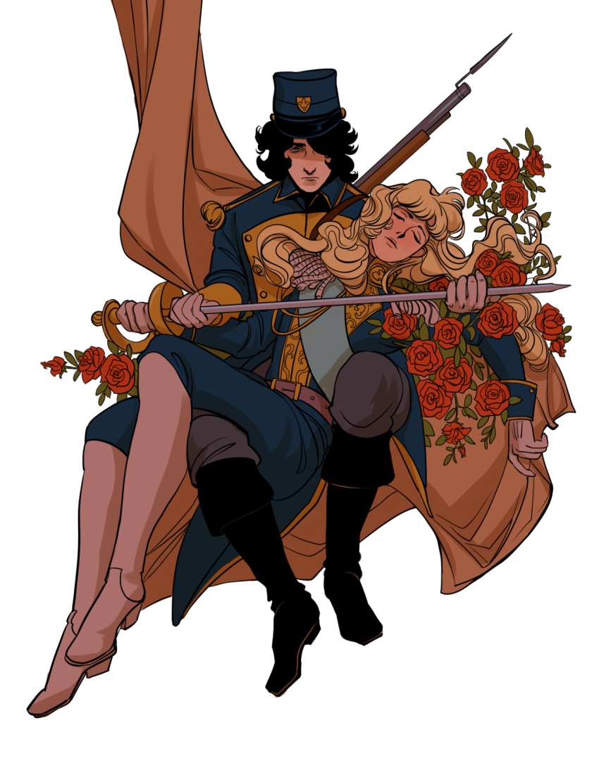 1boy 1girl andre_grandier androgynous bayonet black_boots black_hair blonde_hair blue_eyes boots curtains flower full_body gloves gun hair_over_one_eye highres knee_boots long_hair lying_on_lap military military_uniform oscar_francois_de_jarjayes rapier rifle rose sir_garrowman sword uniform versailles_no_bara wavy_hair weapon white_boots white_gloves