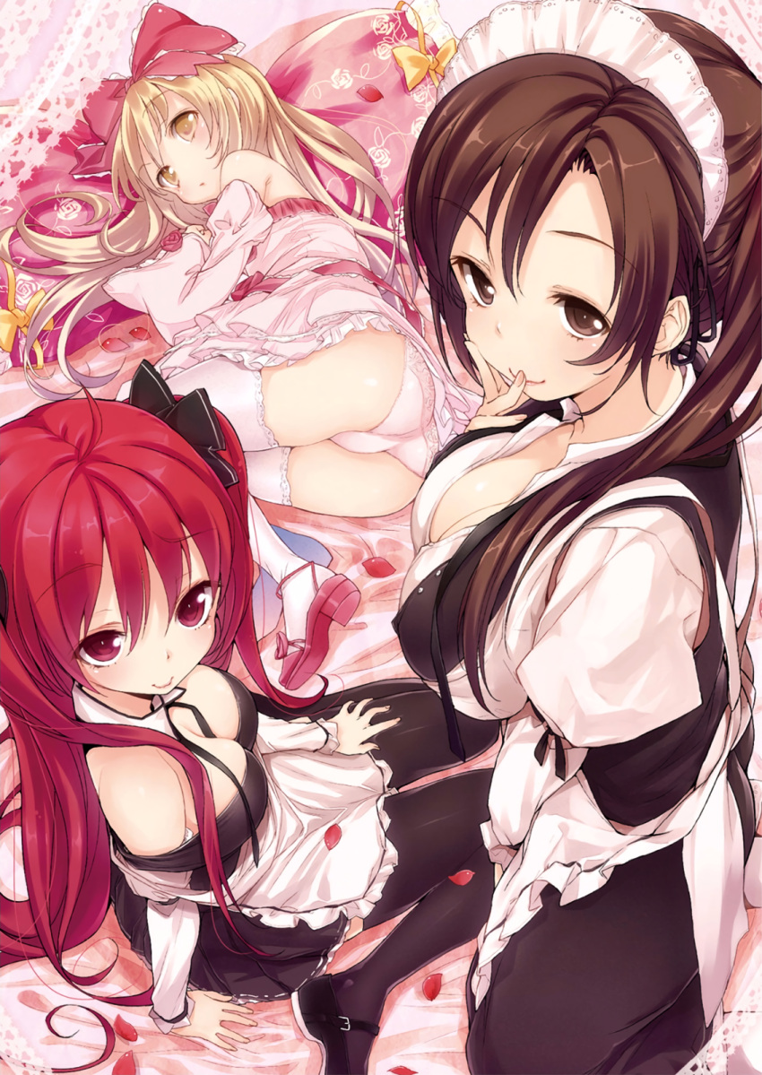 3girls apron arm_support ass between_breasts black_legwear blonde_hair bow breasts brown_eyes brown_hair buriki cleavage detached_collar detached_sleeves diana_(tsunpuri) dress hair_bow hair_over_shoulder hand_to_own_mouth highres karen_(tsunpuri) large_breasts long_hair lying maid_headdress mary_janes miriam_henriette_wilhelmina multiple_girls off_shoulder on_bed on_side one_side_up panties petals pink_dress pink_legwear pink_panties red_eyes redhead shoes side_ponytail sitting smile thigh-highs trefoil tsunpri_aisite_ohimesama underwear waist_apron wariza wide_sleeves yellow_eyes