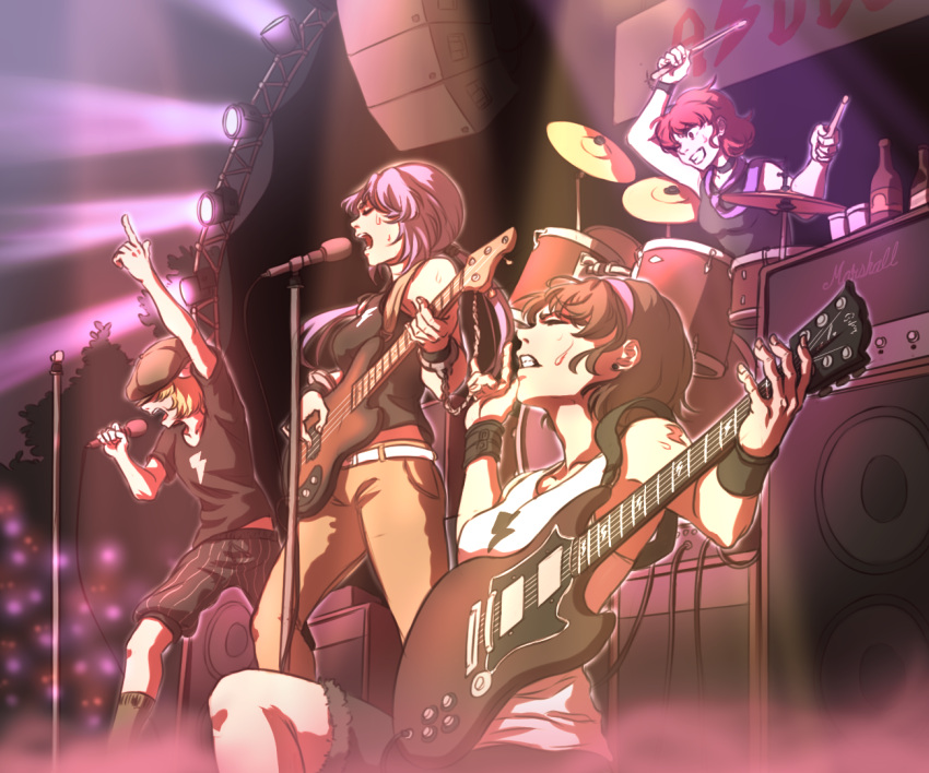 4girls acdc arm_up bangs bass_guitar belt black_legwear black_shirt black_shorts blonde_hair bottle brown_hair cable choker clenched_teeth closed_eyes commentary concert contemporary cuffs cup denim drum drum_set drumsticks electric_guitar fur_trim guitar hairband hand_up hat hat_over_eyes horikawa_raiko index_finger_raised instrument kneehighs legs_apart lightning_bolt long_hair mefomefo microphone microphone_stand multiple_girls necktie night night_sky one_eye_closed one_knee open_mouth outdoors pants playing_instrument pointing pointing_up print_shirt purple_hair purple_necktie red_eyes redhead ringo_(touhou) shirt short_hair shorts singing sitting sky speaker stage stage_lights standing sweat t-shirt tank_top tattoo teeth touhou tree tsukumo_benben tsukumo_yatsuhashi twintails white_shirt wrist_cuffs