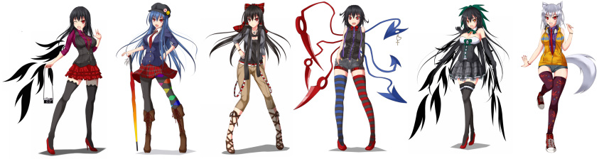 6+girls :d ;d adapted_costume alternate_costume asymmetrical_wings bare_shoulders bird_wings black_hat black_vest black_wings blush boots bow bowtie breasts camera cleavage commentary_request contemporary cross-laced_footwear denim detached_sleeves full_body gmot green_bow hair_bow hair_tubes hakurei_reimu hand_on_hip hat high_heels highres hinanawi_tenshi houjuu_nue inubashiri_momiji jewelry lace-up_boots large_breasts looking_at_viewer multiple_girls necklace necktie one_eye_closed open_mouth plaid plaid_skirt red_bow red_bowtie red_necktie red_shoes reiuji_utsuho shameimaru_aya shirt shoes short_shorts shorts skirt sleeveless sleeveless_shirt sleeveless_track_jacket smile sneakers suspenders sword_of_hisou thigh-highs touhou umbrella white_background wings zettai_ryouiki