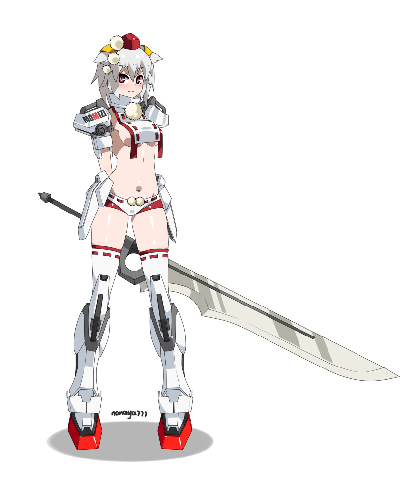 1girl :3 absurdres animal_ears blush breasts character_name groin gundam gundam_seed hat highres huge_weapon inubashiri_momiji looking_at_viewer mecha_musume midriff nanaya777 navel pom_pom_(clothes) red_eyes short_hair signature silver_hair simple_background solo strike_gundam sword tail tokin_hat touhou under_boob weapon white_background wolf_ears wolf_tail