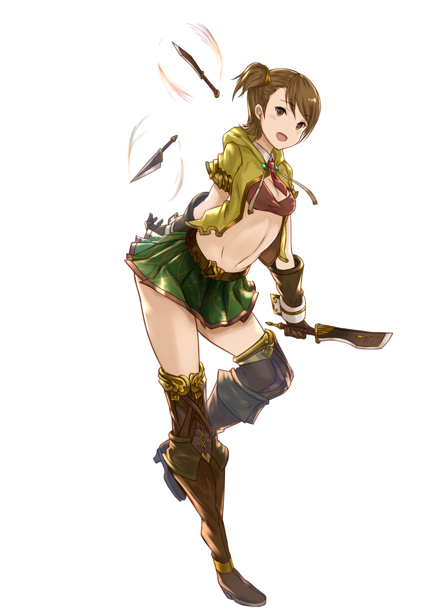 1girl :d absurdres alternate_costume arm_at_side arm_behind_back bangs belt boots breasts brooch brown_boots brown_eyes brown_gloves brown_hair cleavage crop_top cross-laced_legwear eyebrows eyebrows_visible_through_hair full_body futami_ami gloves granblue_fantasy green_skirt highres holding holding_sword holding_weapon idolmaster jacket jewelry knife looking_at_viewer miniskirt navel necktie open_mouth pleated_skirt red_necktie short_hair short_necktie short_sleeves short_sword side_ponytail simple_background skirt smile solo standing standing_on_one_leg stomach swept_bangs sword thigh-highs thigh_boots tossing weapon white_background wrist_cuffs yatsuka_(846) yellow_jacket
