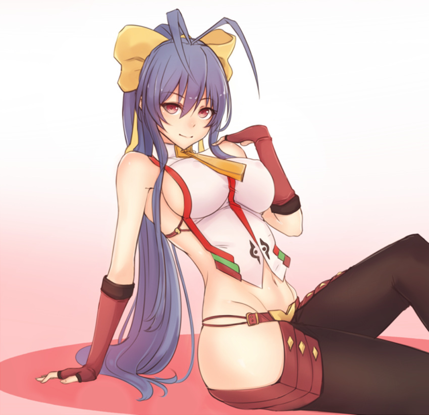 1girl antenna_hair backless_outfit bangs blazblue blazblue_variable_heart blue_hair blush bow breasts covered_nipples female fingerless_gloves genderswap genderswap_(mtf) gloves groin hair_between_eyes hair_bow highres kubo_(artist) large_breasts long_hair looking_at_viewer mai_natsume navel no_bra no_panties ponytail red_eyes revealing_clothes ribbon sideboob sidelocks sitting smile solo very_long_hair violet_eyes