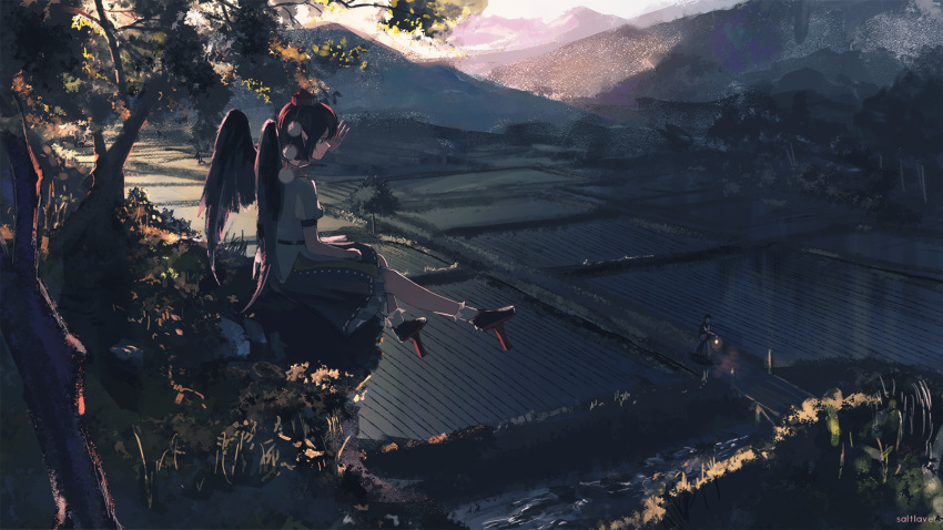 1girl back bangs belt black_hair black_wings blouse bob_cut bridge commentary feathered_wings from_side geta grass hat highres holding lantern looking_at_another mountain nori_(stak819) outdoors outstretched_arm pointy_ears pom_pom_(clothes) puffy_short_sleeves puffy_sleeves red_eyes redhead ribbon-trimmed_skirt rice_paddy road rural scenery shade shameimaru_aya short_hair short_sleeves signature sitting skirt socks solo_focus tengu-geta tokin_hat touhou tree walking white_blouse white_legwear wings