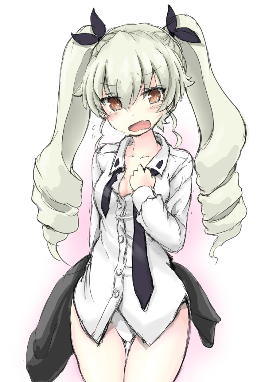 1girl anchovy arm_behind_back bangs blush breasts cleavage clothes_removed cowboy_shot dress_shirt drill_hair embarrassed emblem flying_sweatdrops girls_und_panzer green_hair hair_ribbon highres holding long_hair long_sleeves looking_at_viewer minimini necktie no_pants panties red_eyes ribbon school_uniform shirt sketch small_breasts solo standing thigh_gap twin_drills twintails underwear untied wavy_mouth white_background white_panties white_shirt