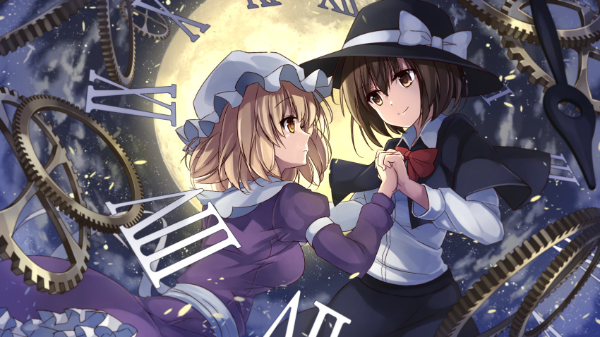 2girls armband backlighting black_cape black_hat black_skirt blonde_hair bow bowtie breasts brown_eyes brown_hair cape collared_shirt dress eye_contact fedora full_moon gears hat hat_bow highres holding_hands interlocked_fingers janne_cherry juliet_sleeves long_sleeves looking_at_another maribel_hearn mob_cap moon moonlight multiple_girls number parted_lips petals profile puffy_sleeves purple_dress red_bow red_bowtie roman_numerals sash shirt short_hair skirt smile touhou upper_body usami_renko white_bow white_hat white_shirt wing_collar yellow_eyes