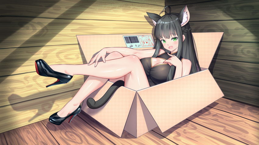 1girl absurdres ahoge animal_ears bangs bare_shoulders black_hair blunt_bangs box braid breasts cardboard_box cat_ears cat_tail chinese_commentary cleavage_cutout clothing_cutout dress extra_ears eyebrows_visible_through_hair full_body green_eyes high_heels highres in_box in_container konishi_(565112307) large_breasts legs_up long_hair nekomata open_mouth original pantyhose pumps shadow sitting solo strapless strapless_dress tail wooden_floor wooden_wall