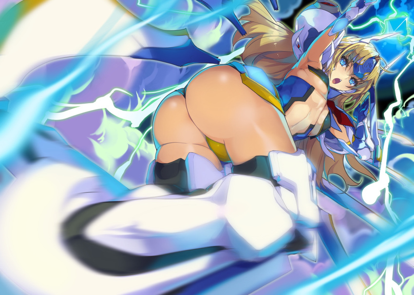 1girl :o akaga_hirotaka arm_up armor armpits ass bangs blazblue blonde_hair blue_eyes blurry breasts c-string center_opening chestnut_mouth dutch_angle elbow_gloves electricity floating_hair forehead_protector from_below gloves glowing greaves long_hair mecha_musume mechanical_wings motion_blur mu-12 navel neon_trim official_art open_mouth parted_bangs robot_ears small_breasts smoke solo thigh-highs thong under_boob very_long_hair weapon wings
