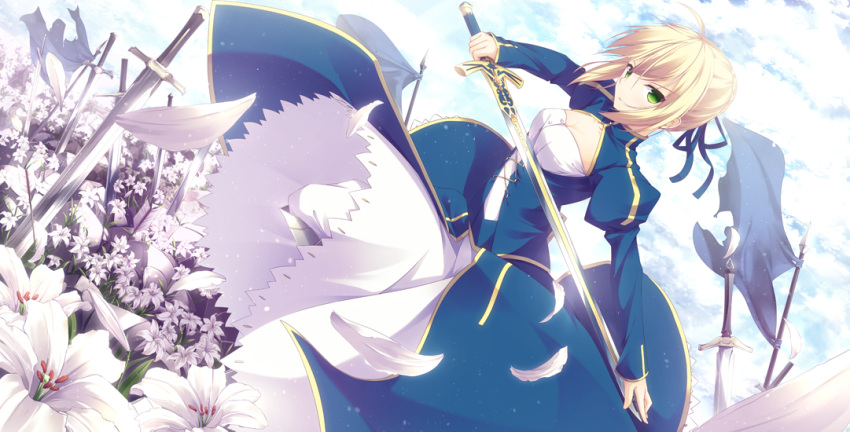 1girl banner blonde_hair blue_dress breasts caliburn cleavage dress fate/grand_order fate_(series) field field_of_blades flower flower_field green_eyes hair_ribbon lily_(flower) looking_at_viewer pants pants_under_dress petals ribbon saber shio_(shia-ushio) solo sword weapon