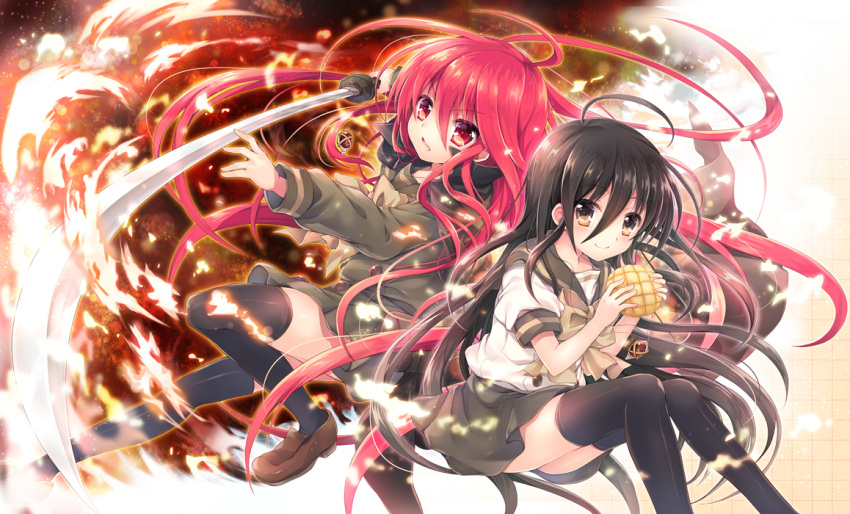 2girls ahoge bangs black_hair black_legwear blush bow bread brown_eyes brown_shoes closed_mouth dual_persona fire floating_hair food hair_between_eyes holding holding_food holding_sword holding_weapon invisible_chair jewelry loafers long_hair long_sleeves looking_at_viewer melon_bread multiple_girls outstretched_arm pendant pleated_skirt red_eyes redhead school_uniform serafuku shakugan_no_shana shana shoes short_sleeves sitting skirt smile sword tachitsu_teto thigh-highs very_long_hair weapon