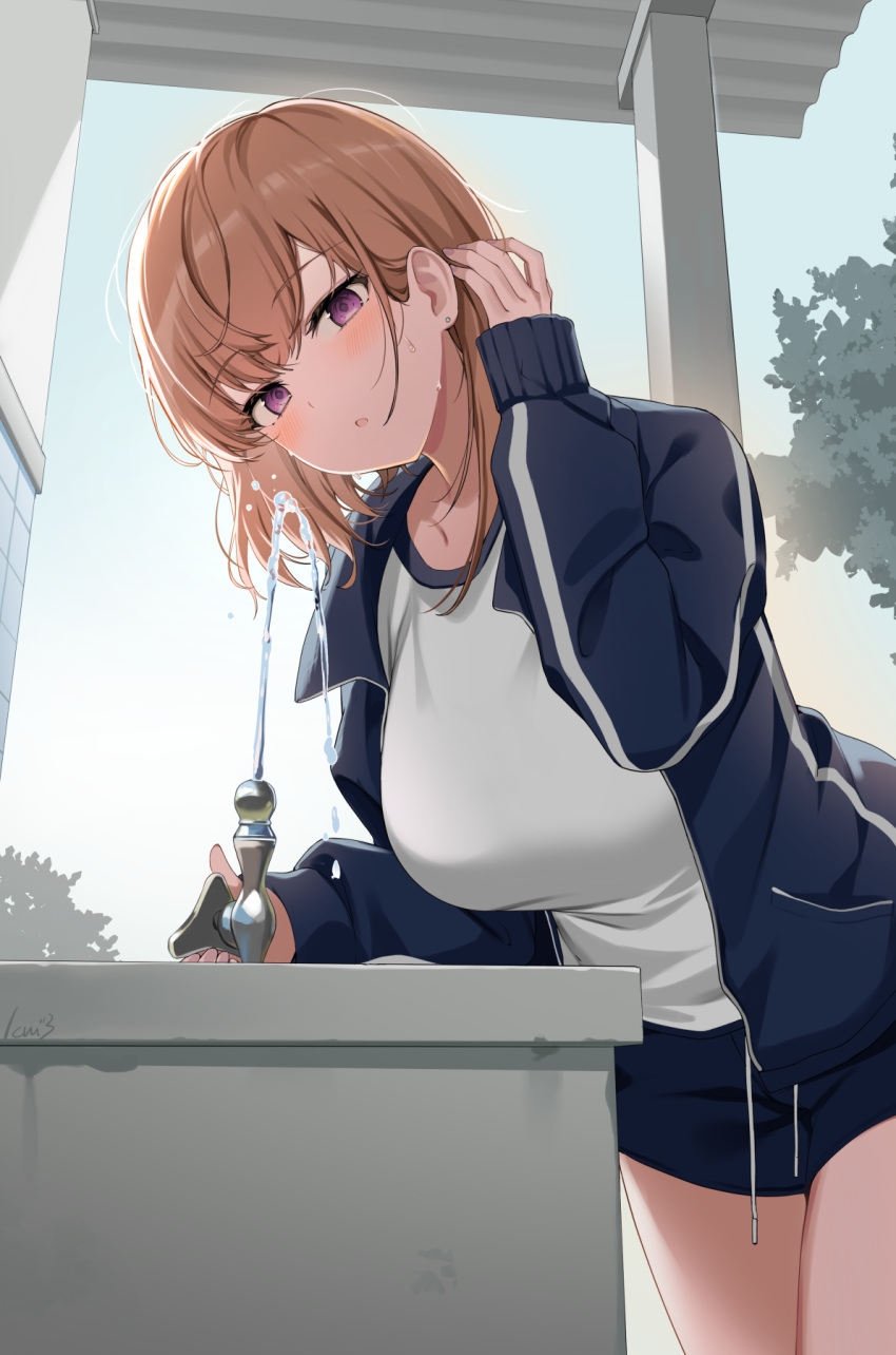 1girl :o banned_artist blue_jacket blue_shorts blush breasts brown_hair commentary cowboy_shot day drinking_fountain ear_piercing eyebrows_visible_through_hair eyelashes gym_uniform hand_in_hair highres icomochi jacket large_breasts leaning_forward long_sleeves looking_at_viewer medium_hair open_clothes open_jacket open_mouth original outdoors piercing shirt short_shorts shorts signature solo standing thighs track_jacket tree violet_eyes white_shirt