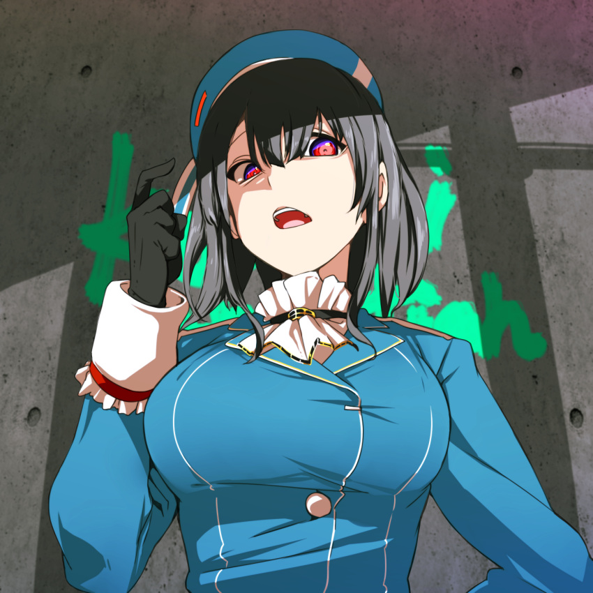 1girl ascot bangs beret black_hair breasts commentary_request frilled_sleeves frills gesugao gloves hand_up hat highres index_finger_raised jacket kantai_collection large_breasts looking_at_viewer manabebebe military military_uniform open_mouth red_eyes short_hair solo takao_(kantai_collection) uniform upper_body wall