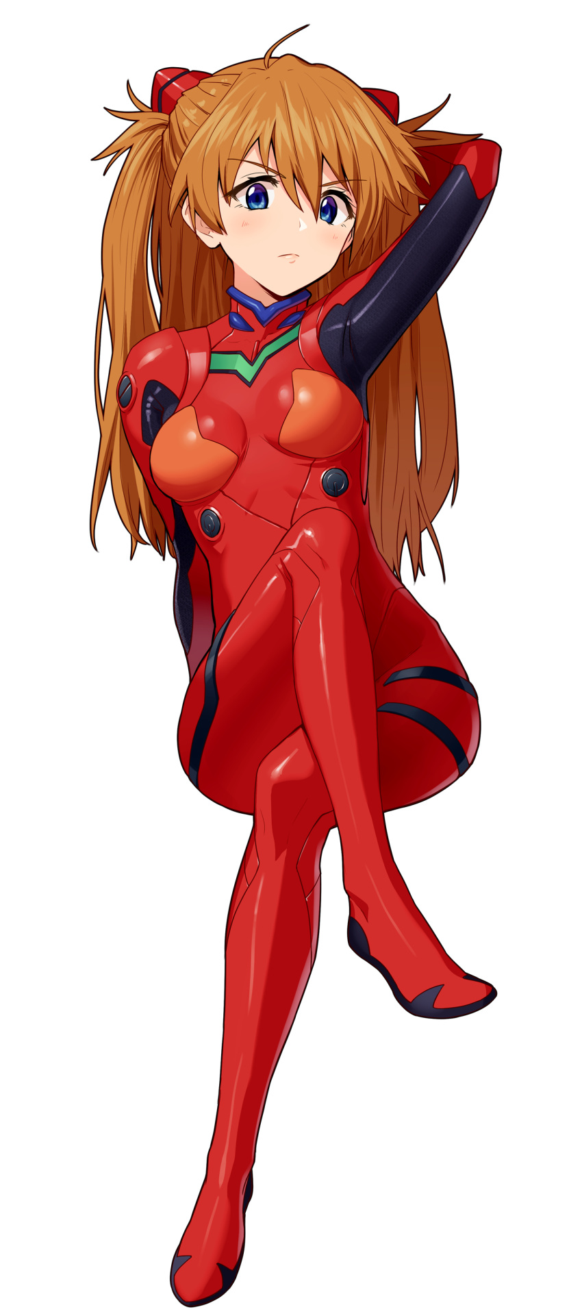 &gt;:( 1girl absurdres ahoge arm_up blue_eyes blush bodysuit breasts brown_hair closed_mouth crossed_legs eyebrows eyebrows_visible_through_hair eyelashes full_body hair_between_eyes hand_in_hair headgear highres neon_genesis_evangelion omaru_gyuunyuu pink_lips plugsuit serious shiny shiny_clothes simple_background sitting skin_tight solo souryuu_asuka_langley white_background