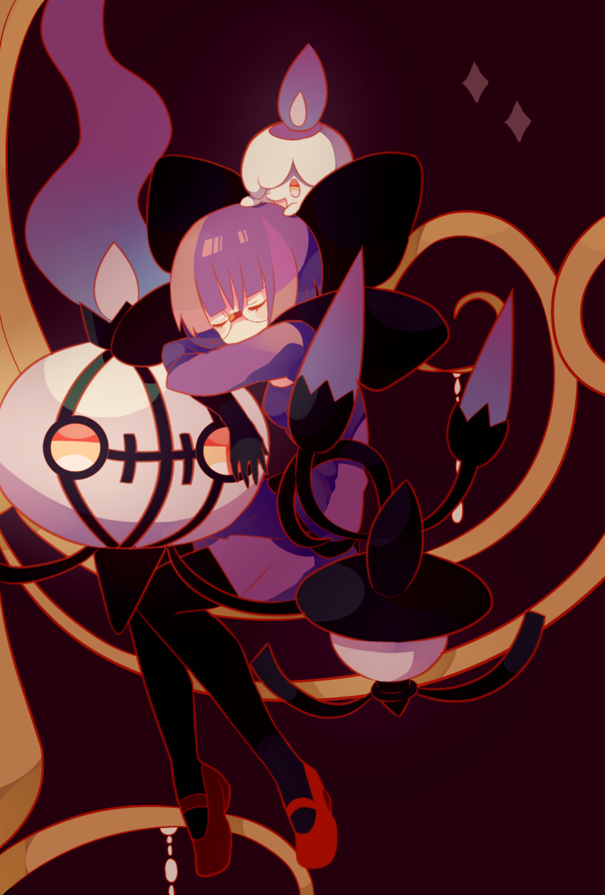 1girl :d bangs black_gloves black_legwear blunt_bangs bob_cut breasts chandelier chandelure covered_mouth creature_on_head diamond_(shape) dress eyelashes fire full_body glasses gloves head_rest highres lampent litwick long_sleeves mary_janes nagatsukiariake open_mouth pantyhose pokemon pokemon_(creature) pokemon_(game) pokemon_bw purple_fire purple_hair red_background red_shoes rimless_glasses round_glasses shikimi_(pokemon) shoes simple_background sitting sitting_on_object sleeping smile