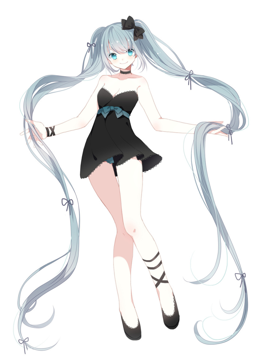 1girl absurdly_long_hair aqua_eyes aqua_hair black_dress bow choker dress full_body hair_bow hatsune_miku highres long_hair looking_at_viewer miemia panties pantyshot pantyshot_(standing) simple_background smile solo standing strapless strapless_dress twintails underwear very_long_hair vocaloid white_background