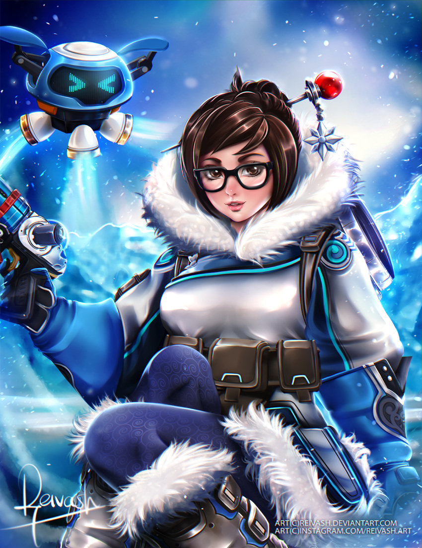 1girl artist_name belt belt_pouch black-framed_glasses blue_gloves blue_legwear boots brown_eyes brown_hair canister canteen coat drone floating fur_boots fur_coat fur_trim glasses gloves gun hair_bun hair_ornament hairpin highres holding holding_weapon hose lips mei_(overwatch) overwatch parka print_legwear robot short_hair sitting smile solo utility_belt watermark weapon web_address winter_clothes winter_coat