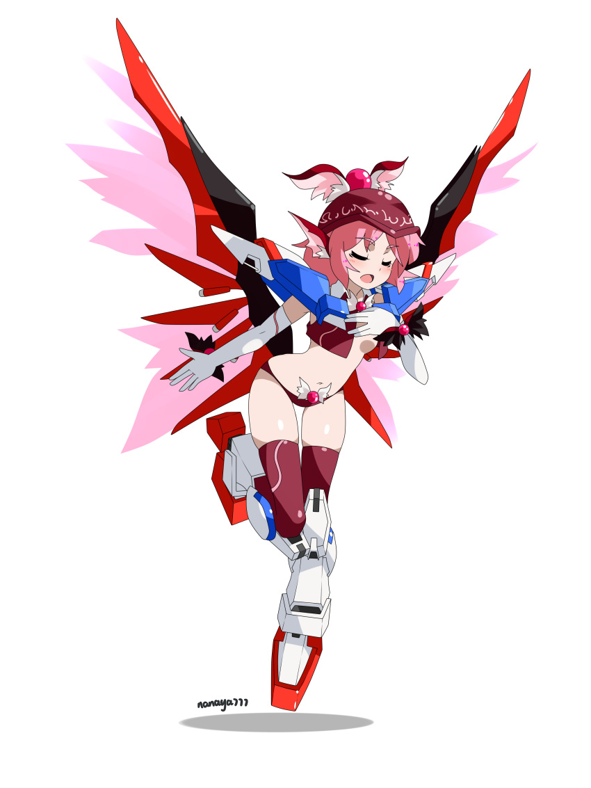 1girl absurdres adapted_costume animal_ears breasts cleavage closed_eyes destiny_gundam elbow_gloves gloves gundam gundam_seed gundam_seed_destiny highres mecha_musume mechanical_wings midriff mystia_lorelei nanaya777 open_mouth pink_hair short_hair singing skindentation solo thigh-highs touhou wings