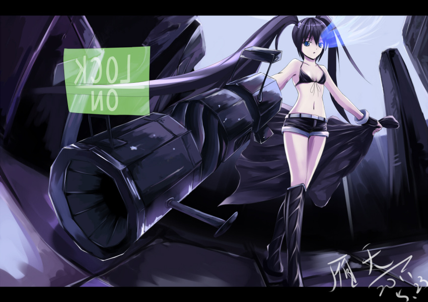 1girl 2011 belt black_bikini_top black_gloves black_hair black_rock_shooter black_rock_shooter_(character) black_shorts blue_eyes boots breasts burning_eyes cleavage collarbone dated fingerless_gloves front-tie_top gloves hair_ornament holding long_hair looking_at_viewer navel short_shorts shorts small_breasts solo twintails yan_(nicknikg)