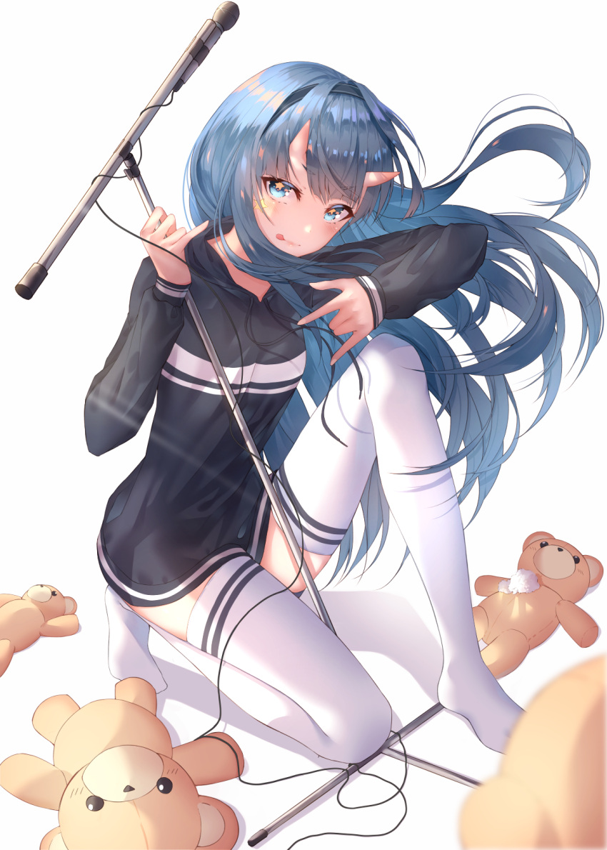 1girl blue_eyes blue_hair breasts full_body hairband highres holding hood hoodie horns kneeling long_hair long_sleeves looking_at_viewer microphone microphone_stand momingie no_shoes original pinky_out shadow shiny shiny_hair solo stuffed_animal stuffed_toy swimsuit symbol_in_eye teddy_bear thigh-highs w white_background white_legwear zettai_ryouiki