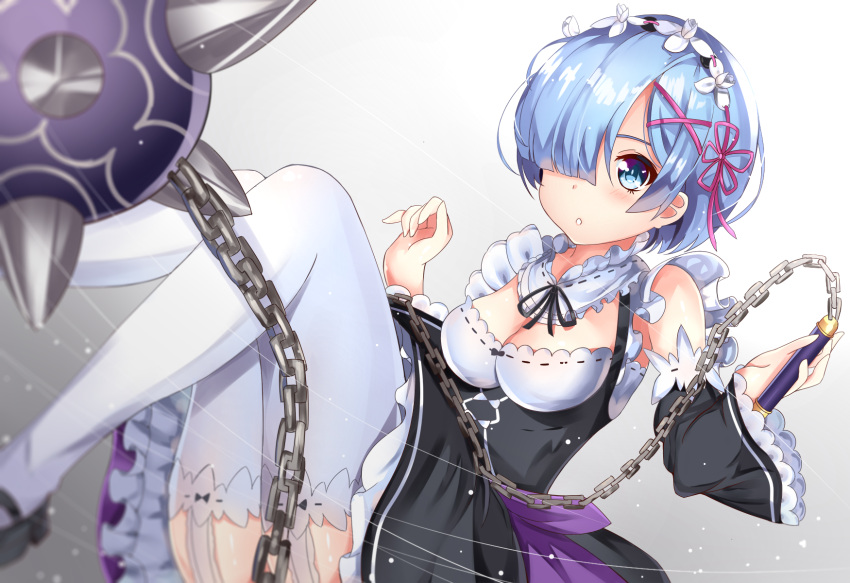 1girl :o ball_and_chain blue_eyes blue_hair breasts chain cleavage detached_collar detached_sleeves dress eyebrows flail frilled_dress frilled_sleeves frills hair_ornament hair_over_one_eye highres holding holding_weapon looking_at_viewer maid maid_headdress mary_janes open_mouth re:zero_kara_hajimeru_isekai_seikatsu rem_(re:zero) ribbon-trimmed_clothes ribbon-trimmed_collar ribbon-trimmed_sleeves ribbon_trim shoes short_hair sin-poi solo spiked_mace thigh-highs underbust weapon white_legwear x_hair_ornament