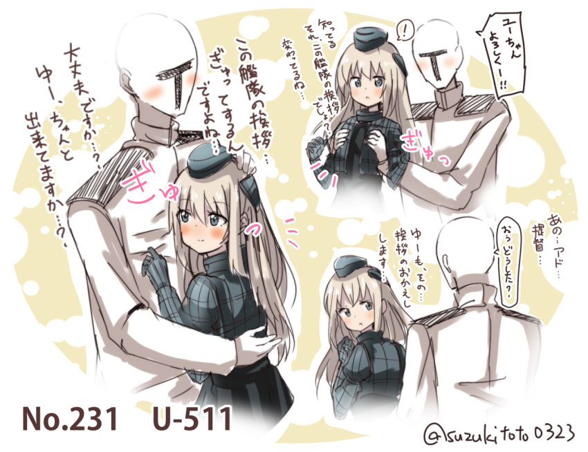 ! /\/\/\ 1boy 1girl admiral_(kantai_collection) bangs blonde_hair blue_eyes blush breast_grab character_name closed_mouth commentary_request cropped_jacket epaulettes eyebrows eyebrows_visible_through_hair garrison_cap grabbing hair_between_eyes hand_on_another's_head hat hug kantai_collection long_hair long_sleeves looking_at_another looking_back military military_uniform naval_uniform number smile speech_bubble spoken_exclamation_mark suzuki_toto translation_request twitter_username u-511_(kantai_collection) uniform