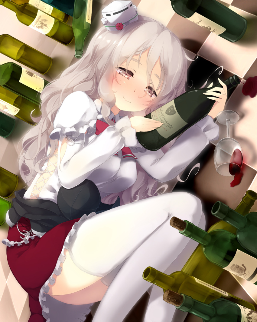 1girl blush bottle bow bowtie breasts commentary_request cup drinking_glass drunk gengetsu_chihiro grey_eyes hat highres juliet_sleeves kantai_collection large_breasts long_hair long_sleeves lying on_floor on_side platinum_blonde pola_(kantai_collection) puffy_sleeves shirt silver_hair skirt smile solo spilling thigh-highs thighs tile_floor tiles wavy_hair white_legwear wine_bottle wine_glass