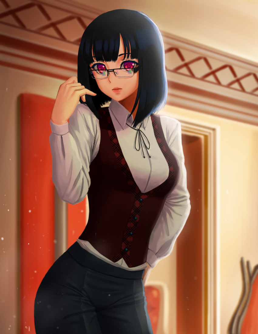 1girl absurdres arm_up bangs black-framed_glasses black_hair blurry bokeh breasts carlo_montie collar contrapposto cowboy_shot depth_of_field doorway hand_on_hip highres hips indoors lips looking_at_viewer original pencil_skirt pink_eyes ribbon skirt solo standing vest