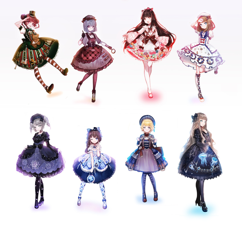 6+girls :3 :d ;3 animal_print ankle_boots ankle_lace-up arm_behind_back bag bangs bear_print belt big_hair black_bow black_bowtie black_dress black_gloves black_hair black_hat black_legwear black_shoes blonde_hair blue_bow blue_dress blue_eyes blue_hair blue_legwear blunt_bangs blush bob_cut bonnet boots bow bowtie braid brown_bow brown_bowtie brown_hair brown_shoes buckle capelet center_frills chain clenched_hands closed_mouth commentary_request cross-laced_clothes cross-laced_footwear crossed_legs dango double_bun dress drill_hair eyebrows eyebrows_visible_through_hair fang flat_chest food frilled_dress frilled_sleeves frills fringe full_body glasses gloves green_bow green_bowtie green_eyes grey_eyes grey_hair hair_bow hair_over_shoulder hand_up handbag hat hat_bow high_heels highres hime_cut holding holding_bag index_finger_raised jellyfish jellyfish_print kashiwa_mochi_(food) knees_together_feet_apart lace lace-trimmed_dress layered_dress legs_apart light_brown_hair lolita_fashion long_hair long_sleeves looking_at_viewer magnifying_glass mini_hat mini_top_hat moemoe3345 multiple_girls one_eye_closed open_mouth orange_eyes original outstretched_arm outstretched_arms pantyhose pink_bow pink_shoes plaid plaid_bow pocket_watch pointing pointing_up print_dress puffy_short_sleeves puffy_sleeves purple_shoes raised_hand red_bow red_eyes redhead ribbon-trimmed_collar ribbon_trim sakura_mochi salute sanshoku_dango shoes short_hair short_over_long_sleeves short_sleeves sidelocks simple_background single_braid sleeves_past_wrists smile snow_bunny spread_arms spread_fingers standing standing_on_one_leg star striped striped_bow striped_legwear stuffed_animal stuffed_toy teddy_bear temari_ball top_hat twin_drills twintails very_long_hair vest wagashi watch waving white_apron white_background white_legwear wide_sleeves
