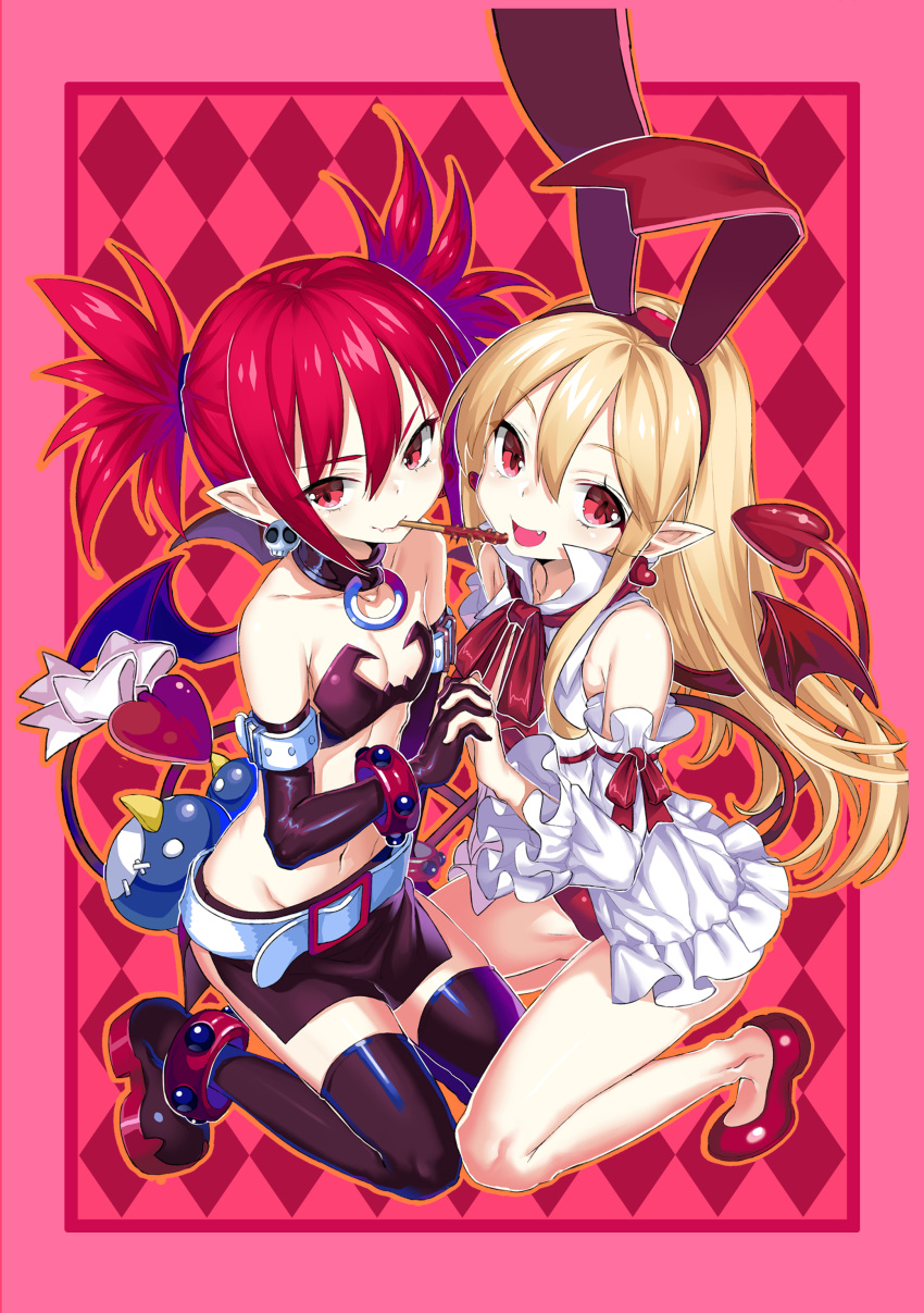 2girls :d absurdres bare_legs bat_wings belt black_gloves black_legwear blonde_hair blush boots bow collar demon_girl demon_tail detached_sleeves disgaea earrings elbow_gloves etna fang flonne flonne_(fallen_angel) gloves hairband heart heart_earrings highres holding_hands interlocked_fingers jewelry kikimi long_hair looking_at_viewer makai_senki_disgaea miniskirt mouth_hold multiple_girls navel no_socks open_mouth pocky pointy_ears prinny red_eyes redhead ribbon skirt skull_earrings small_breasts smile tail tail_bow thigh-highs thigh_boots wings zettai_ryouiki